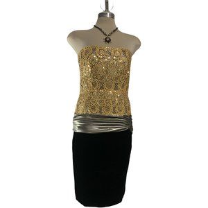 Vintage Nipon Night Black and Lace gold  Sequin Strapless Dress Size 6